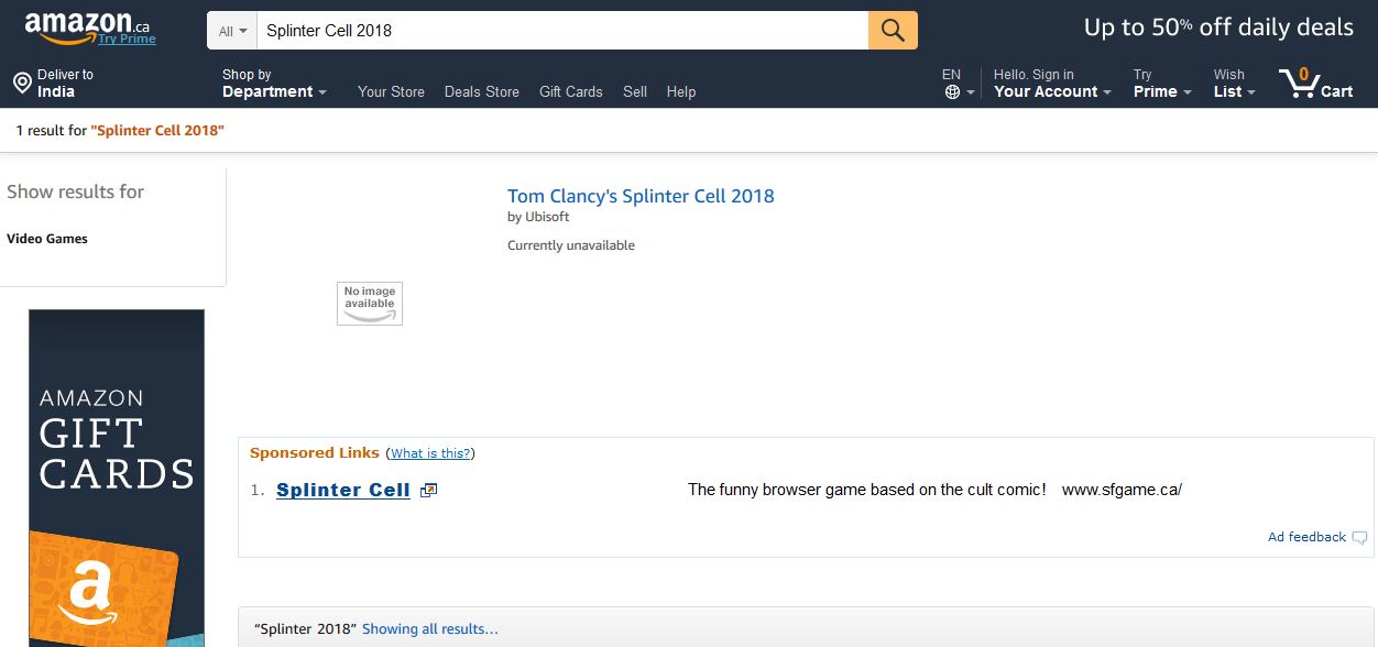 Splinter Cell 2018 Amazon Canada Screenshot